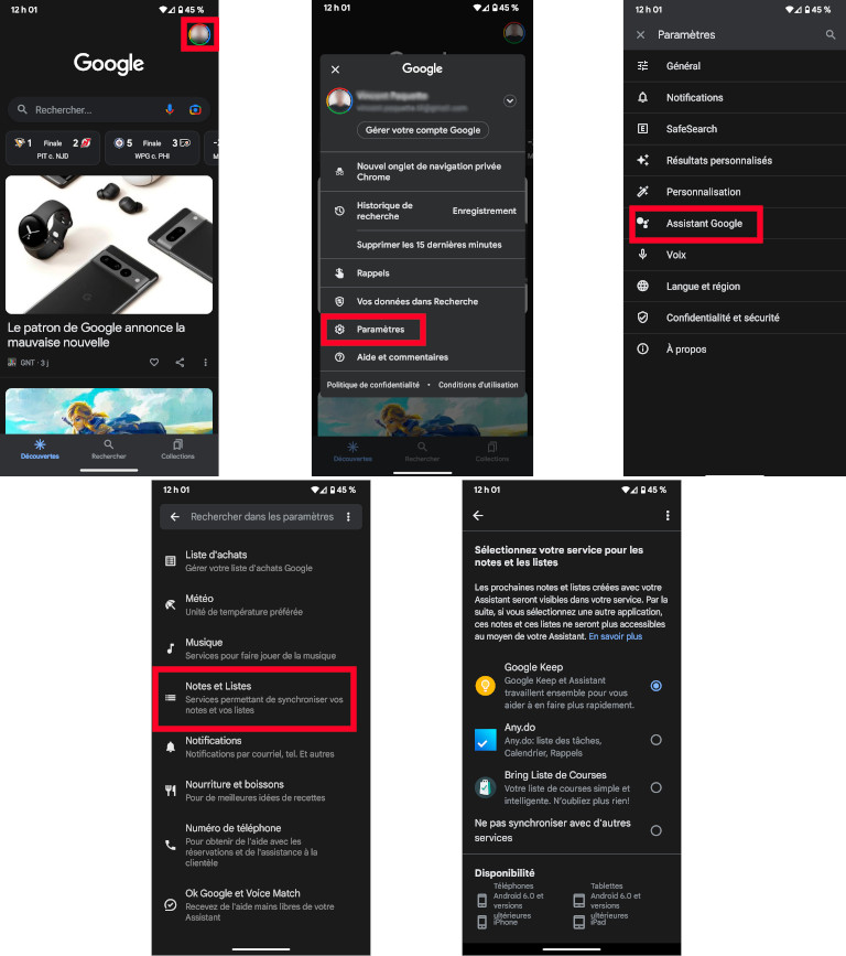 Google Assistant param&egrave;tres notes et listes