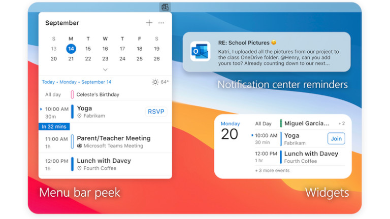 Microsoft Outlook Mac widget calendrier