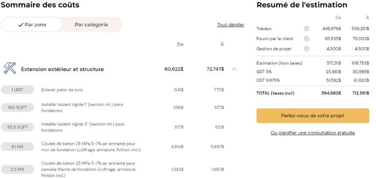 Une partie de l’estimation très complète qu’on retrouve en exemple sur le site de Billdr. aperçu de l'estimé fictif fait par Billdr constructions rénovations
