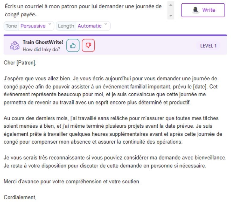 aper&ccedil;u exemple r&eacute;daction message ai ghostwrite