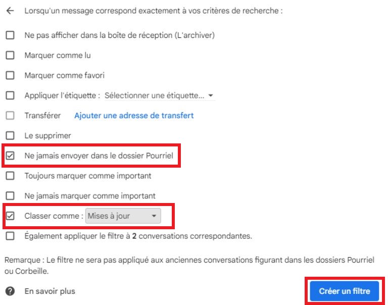 Les cases à cocher pour créer une règle Gmail pour les courriels à conserver. Comment créer une règle courriels infolettres à conserver Gmail