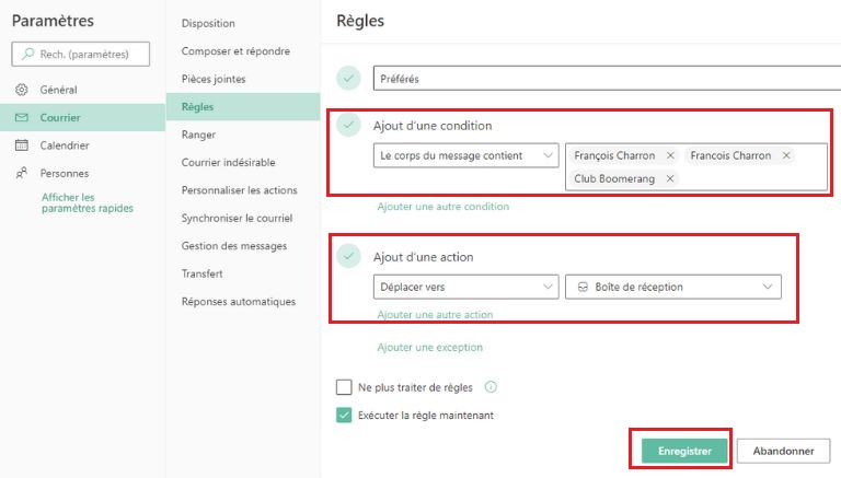 Les cases à cocher pour créer une règle Outlook pour les courriels à conserver. Comment créer une règle courriels infolettres à conserver Outlook