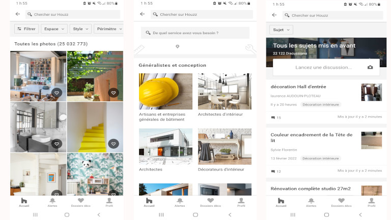 onglets application houzz t&eacute;l&eacute;phone android ios red&eacute;corer maison appartement