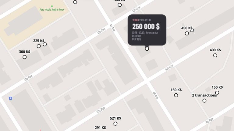Un aperçu de la carte interactive du Journal de Montréal sur laquelle on peut naviguer. apeçu carte journal de montréal valeurs immobilières