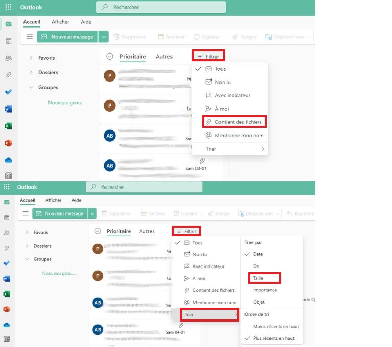 comment trier courriels par poids et pièces jointes