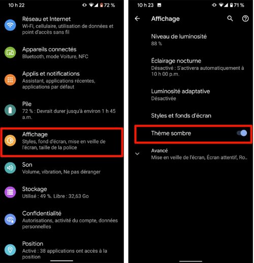 Android 10 thème sombre téléphone
