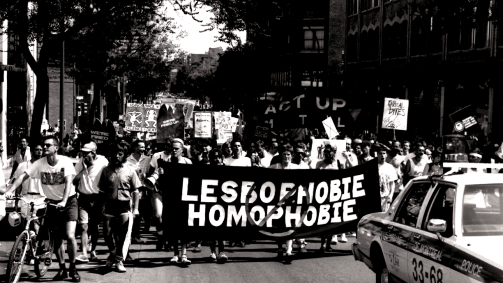 Manifestation d'ACT UP contre l'homophobie et la lesbophobie; Gracieuseté René LeBoeuf et Michael Henricks