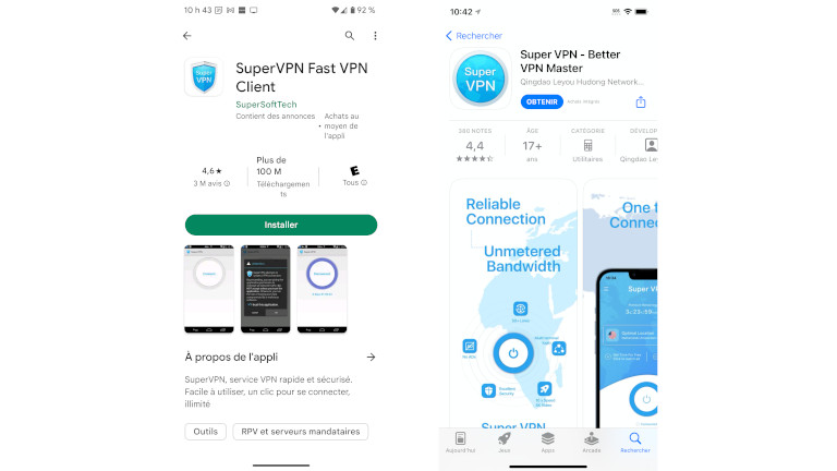SuperVPN est toujours disponible autant sur le Play Store que l'App Store. SuperVPN Android iOS