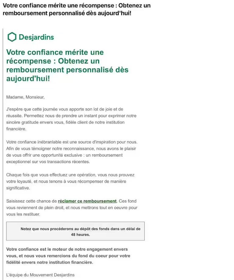 aper&ccedil;u courriel desjardins fraude r&eacute;compense