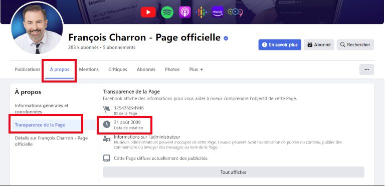 Facebook date cr&eacute;ation d'une page