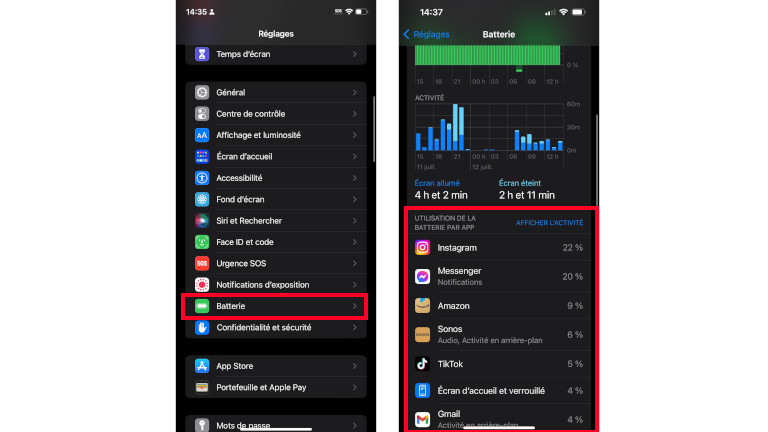 Afficher activit&eacute; batterie iPhone