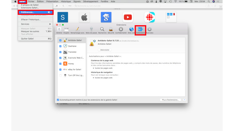 Gérer extension navigateur Safari d'Apple