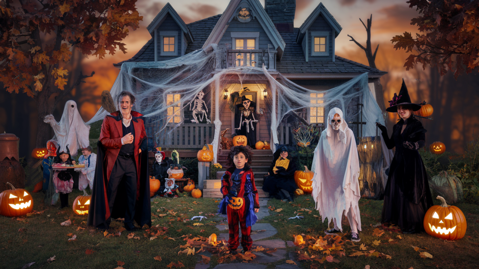 Des enfants costumés devant une maison décorée pour l'Halloween.