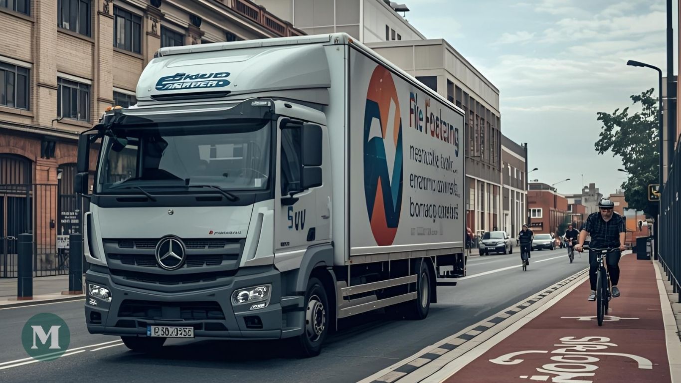 Un camion circule dans une rue étroite à côté d'une piste cyclable.