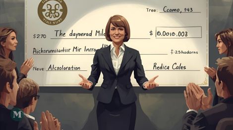 Dessin d'une femme d'affaires émettant un énorme chèque lors d'un événement philanthropique.