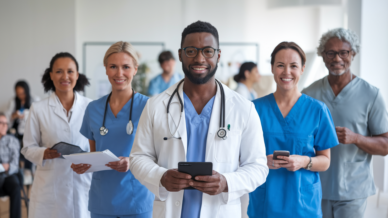 Des médecins et d'autres travailleurs de la santé sourient dans un hôpital.