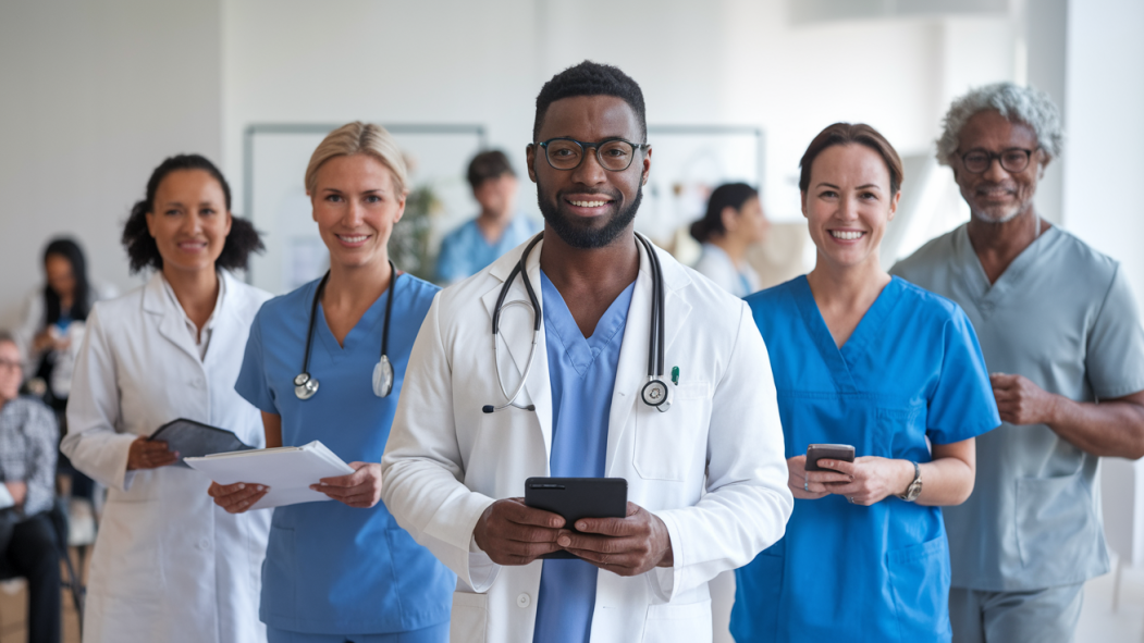 Des médecins et d'autres travailleurs de la santé sourient dans un hôpital.