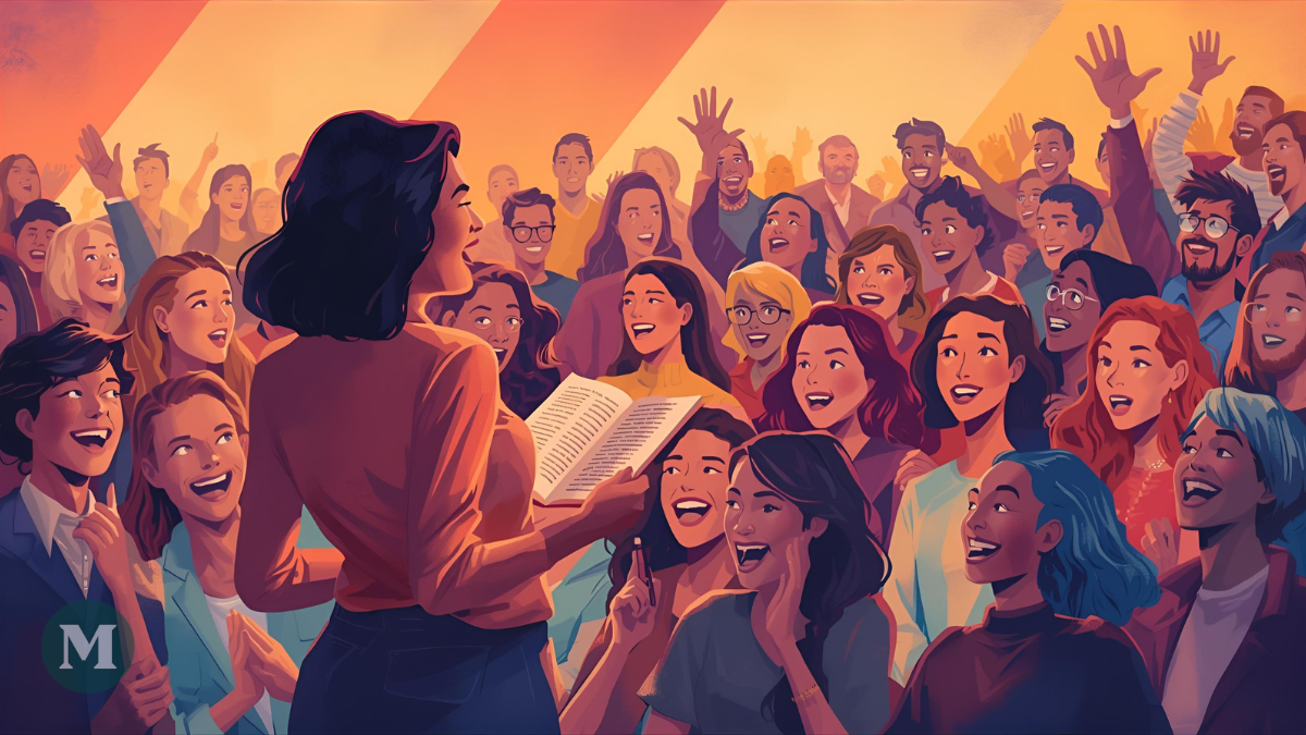 Illustration générée par l'intelligence artificielle montrant une autrice présentant son livre à une foule.