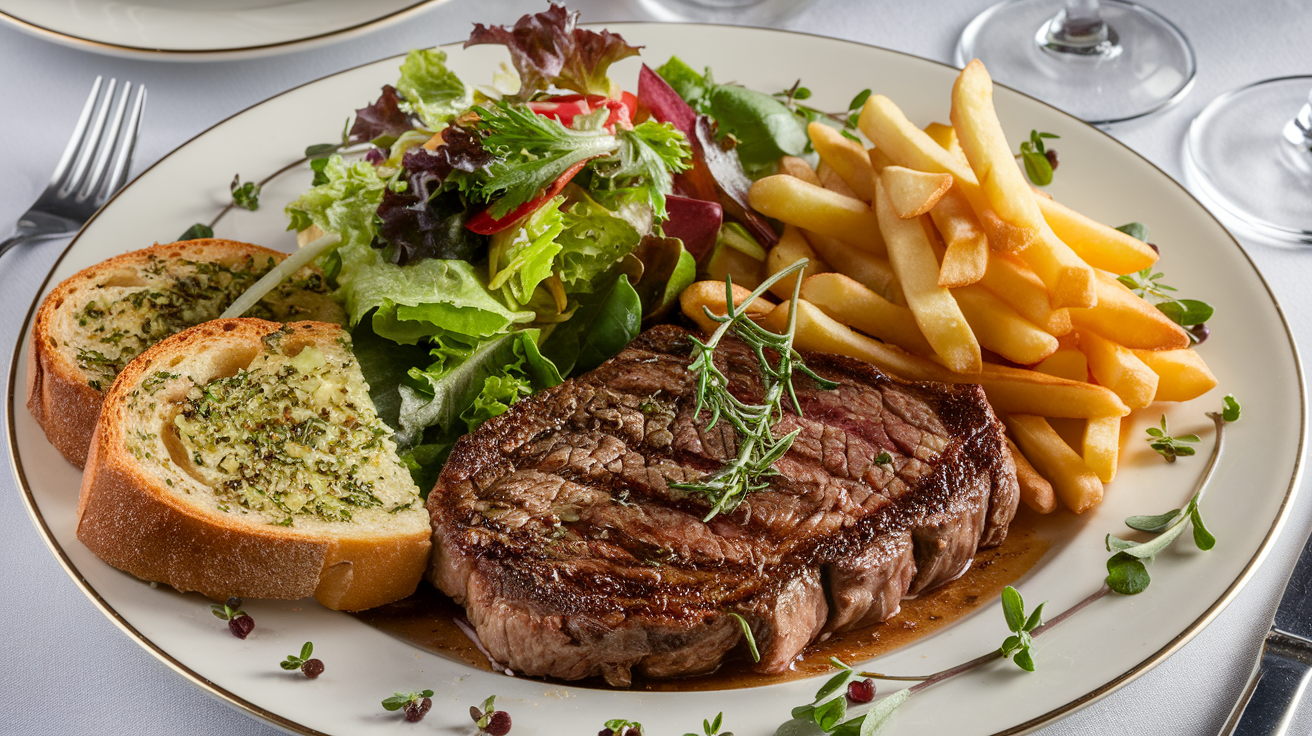 Image d'une assiette de steak frites, générée par l'intelligence artificielle.