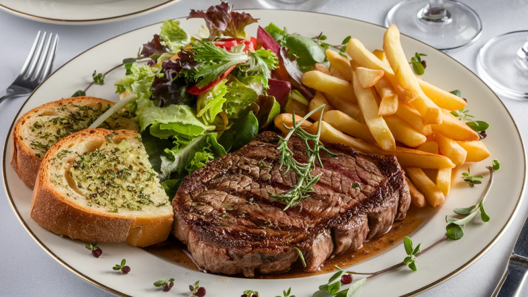 Image d'une assiette de steak frites, générée par l'intelligence artificielle.