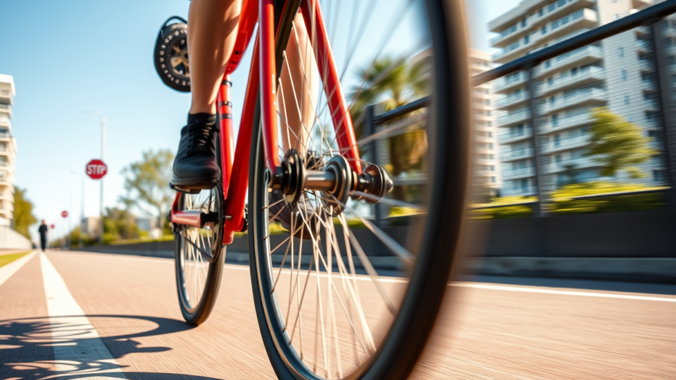 Un vélo circule sur une piste cyclable dans un environnement urbain.