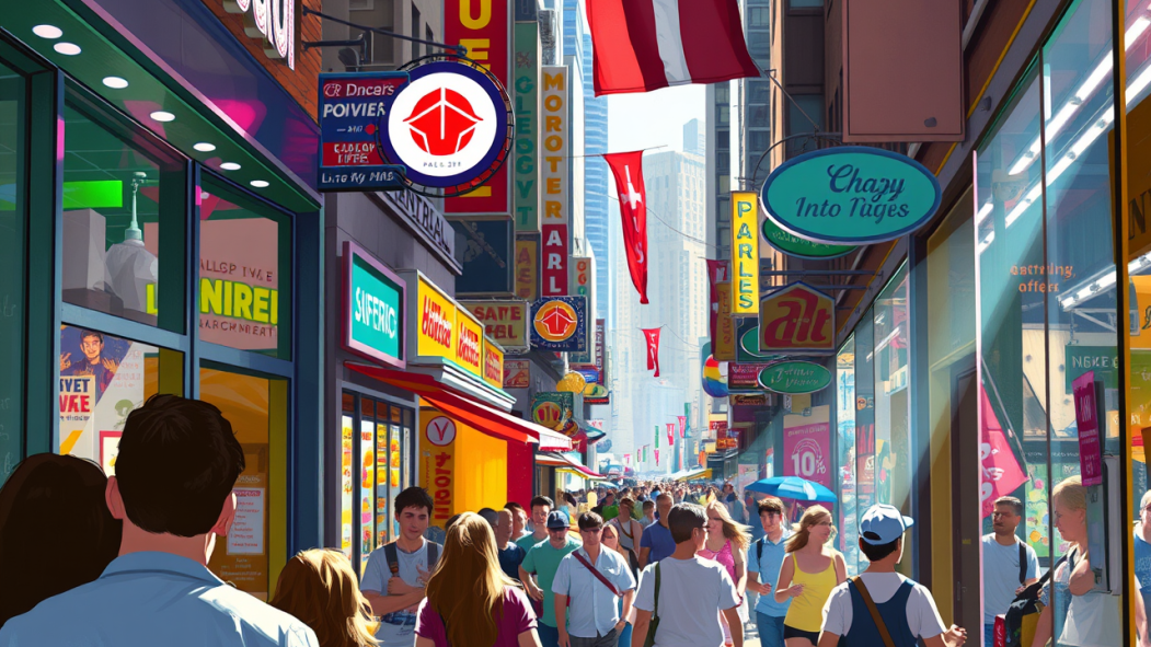 Image stylisée générée par l'IA représentant une artère commerciale achalandée.