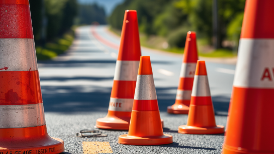 Image générée par l'intelligence artificielle montrant des cônes oranges sur un chemin à Longueuil.