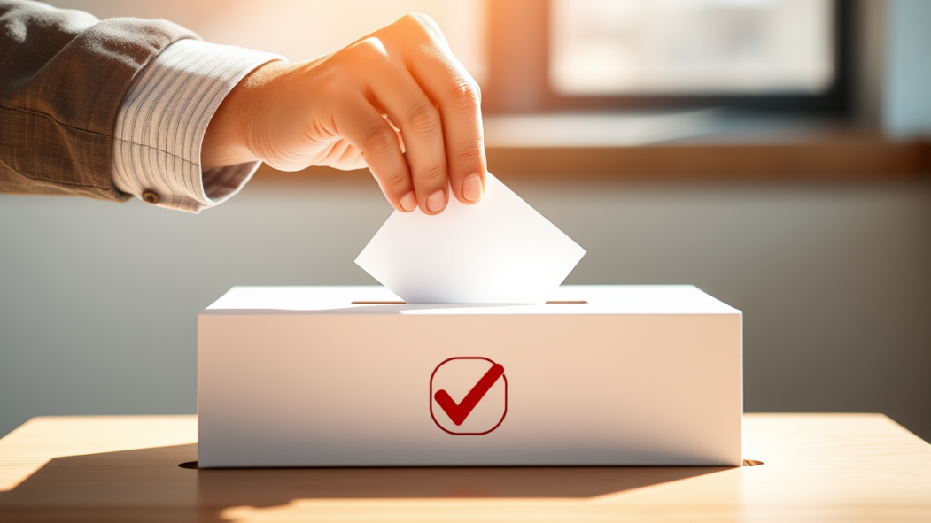 Une main place un bulletin de vote dans une boîte de scrutin.