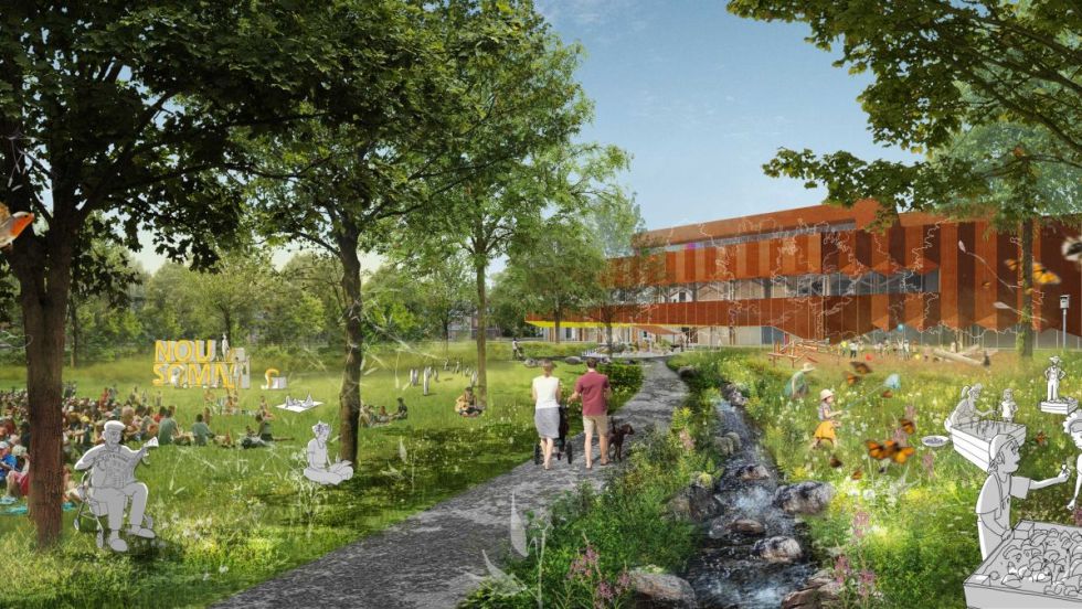 Maquette du réaménagement du parc Le Prévost et de la future bibliothèque Caroline-Dawson