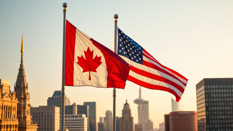 Les drapeaux du Canada et des États-Unis survolent un paysage rappelant celui de Montréal.