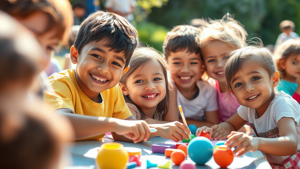 Image générée par l'intelligence artificielle montrant des enfants souriants dans un camp de jour.
