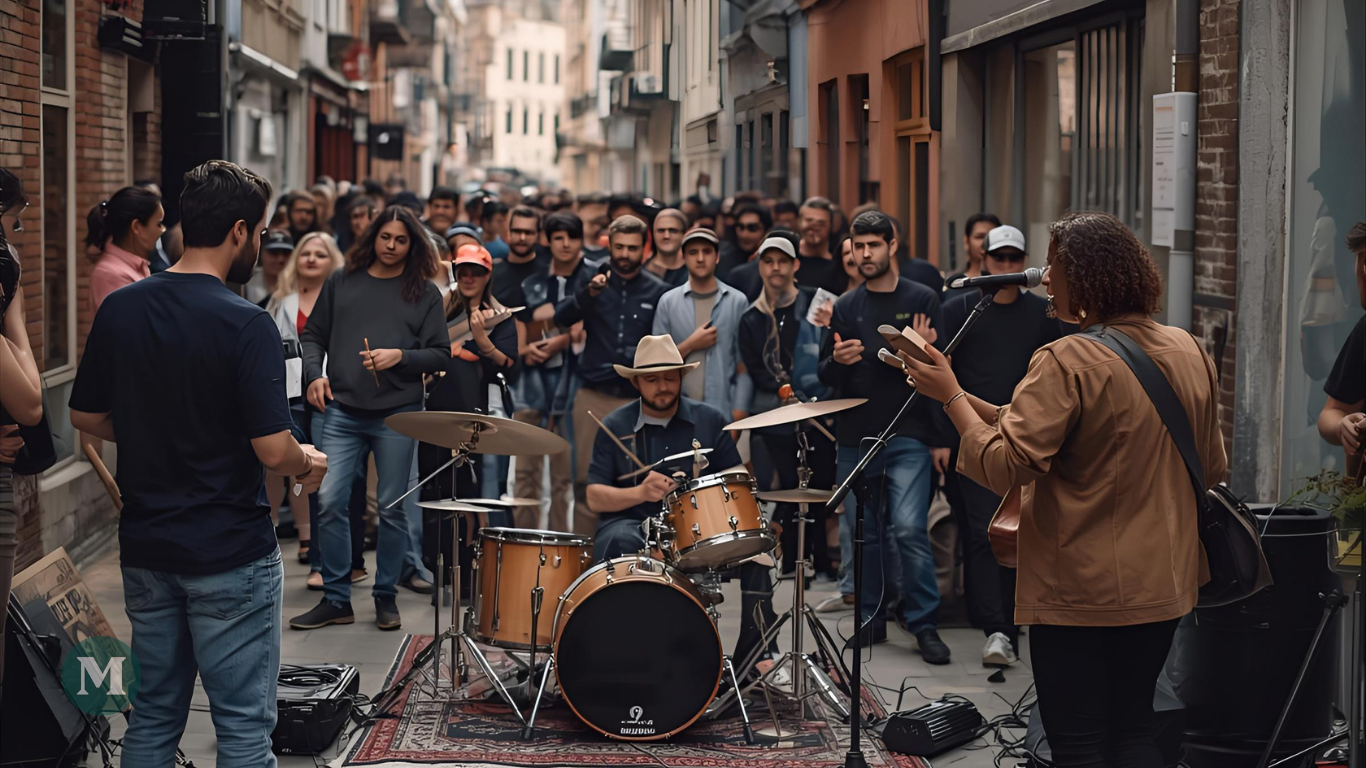 Un groupe joue de la musique dans une ruelle devant une petite foule.