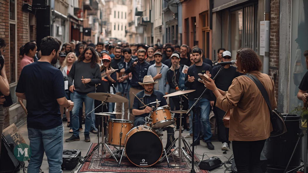 Un groupe joue de la musique dans une ruelle devant une petite foule.