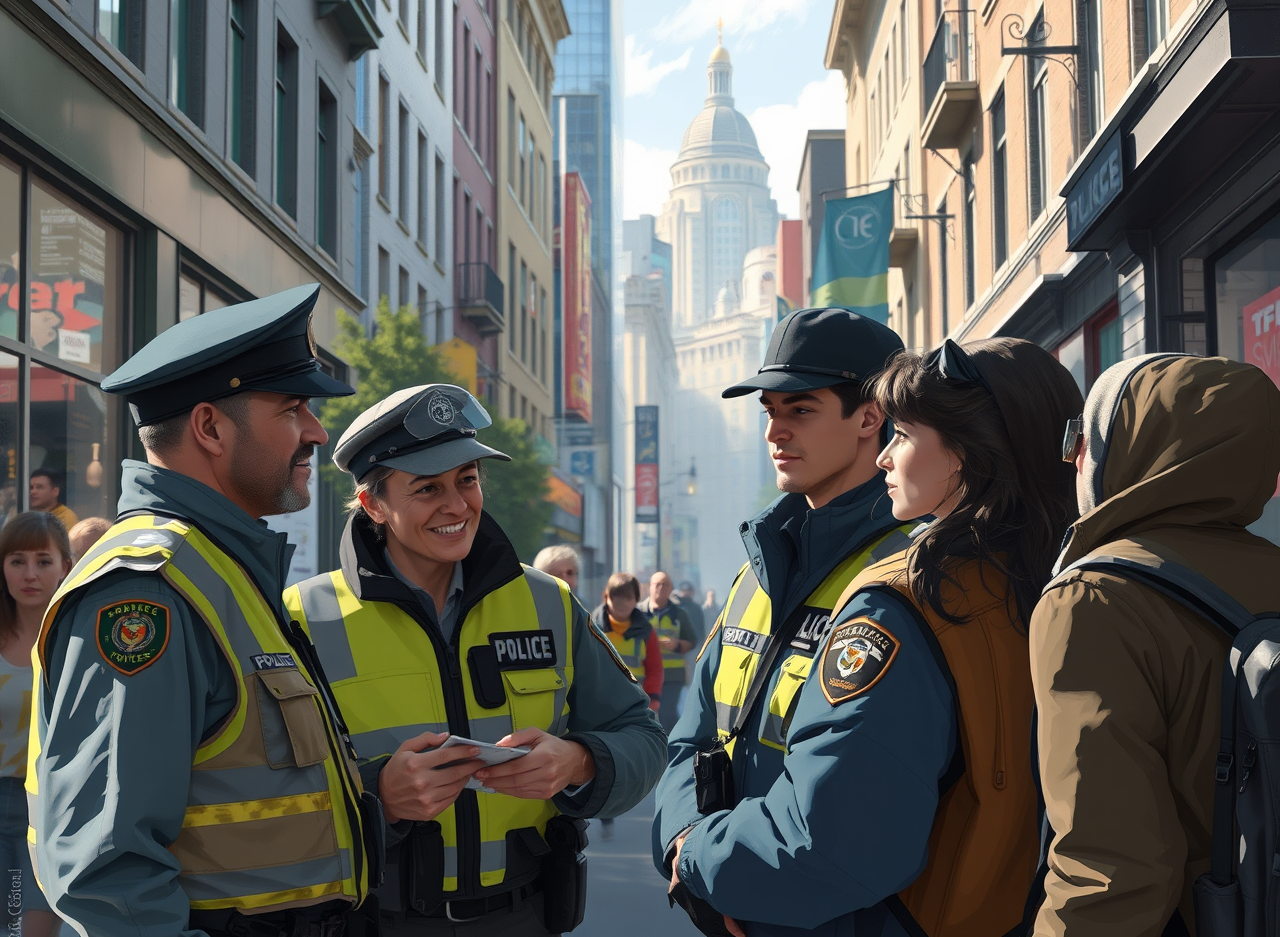 Des policiers et des citoyens d'un comité de vigie discutent dans une rue. Image générée par l'intelligence artificielle.