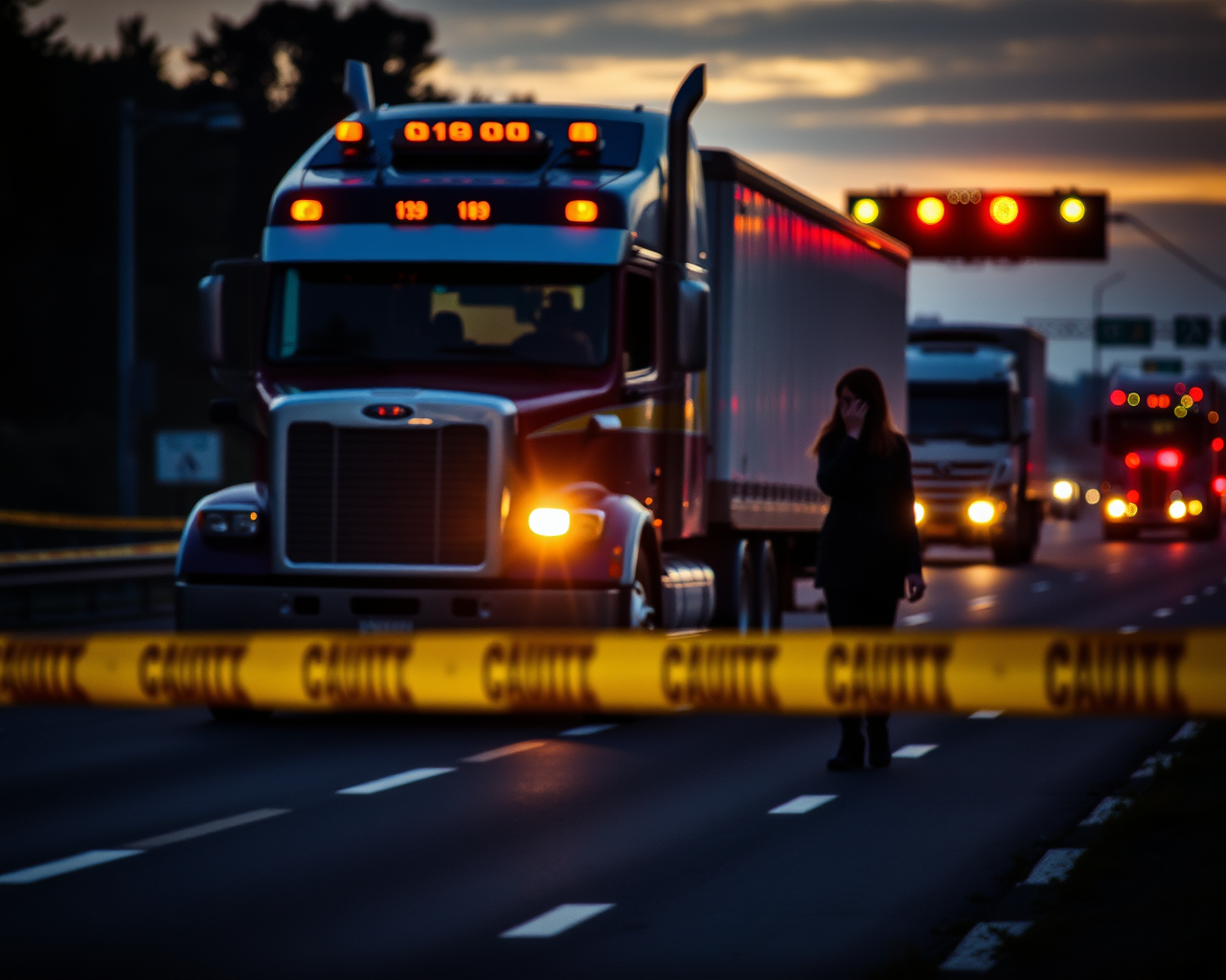 Une scène d'accident montrant des camions sur l'autoroute.
