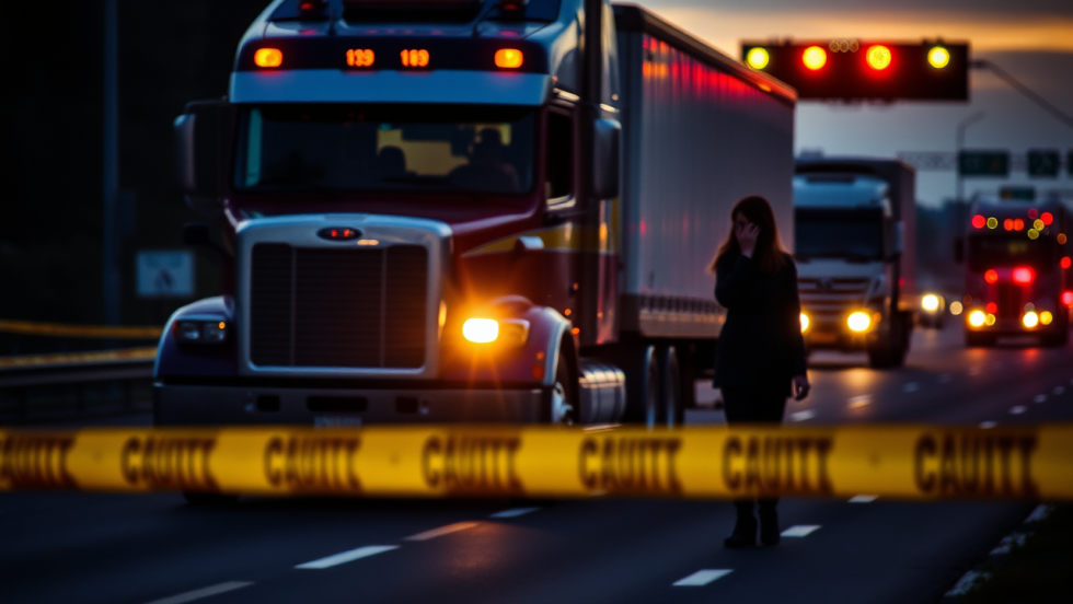 Une scène d'accident montrant des camions sur l'autoroute.
