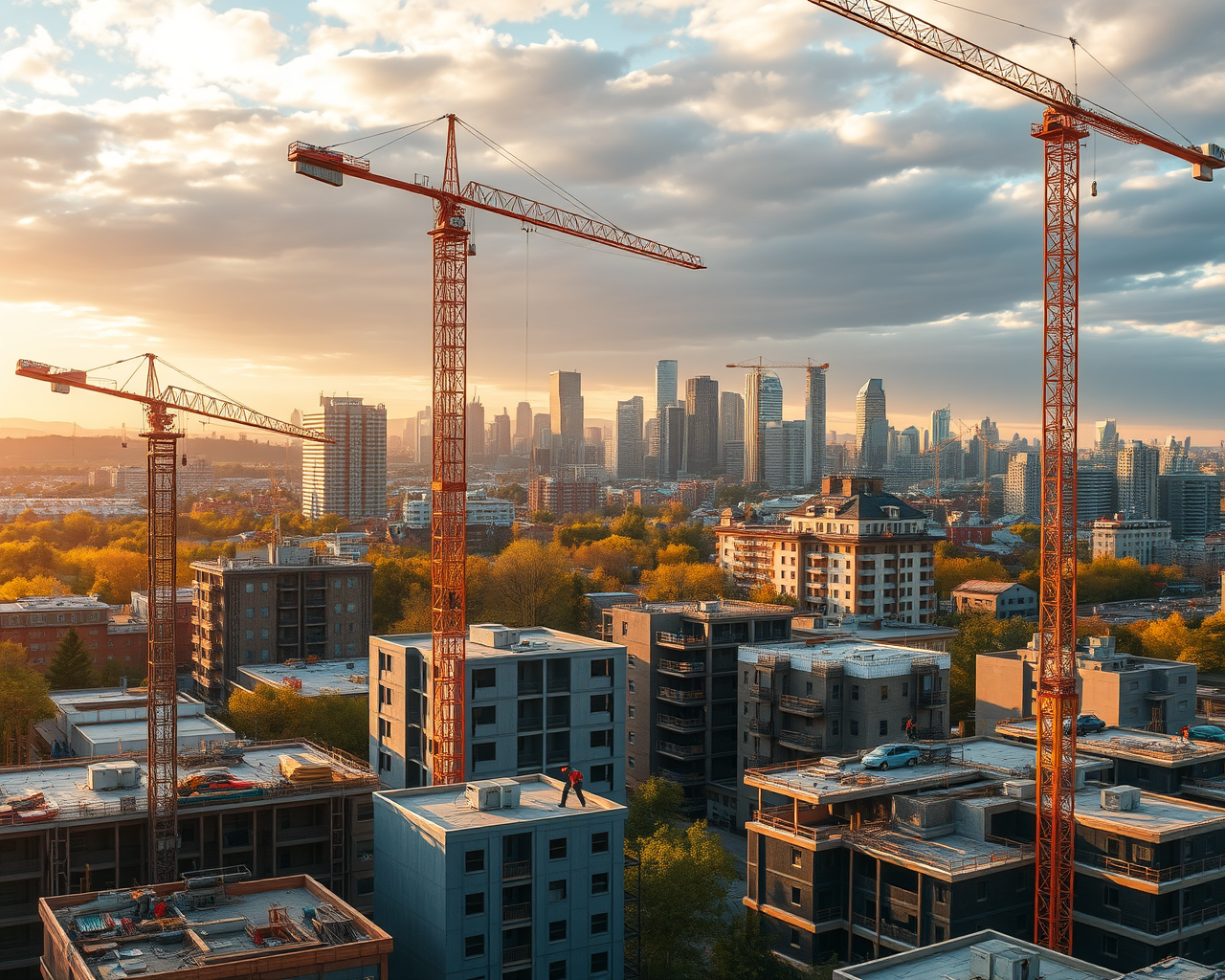 Des grues surplombent une ville pour illustrer la construction de logements