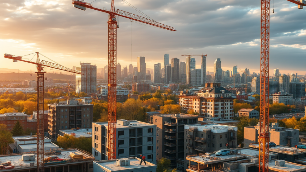 Des grues surplombent une ville pour illustrer la construction de logements