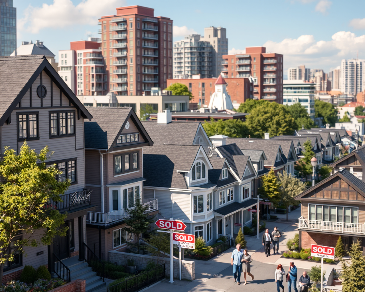 Des propriétés de divers types dans un milieu urbain, avec des affiches "vendu".