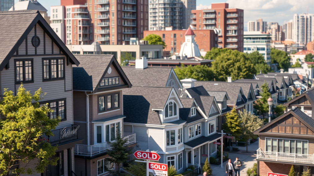 Des propriétés de divers types dans un milieu urbain, avec des affiches "vendu".