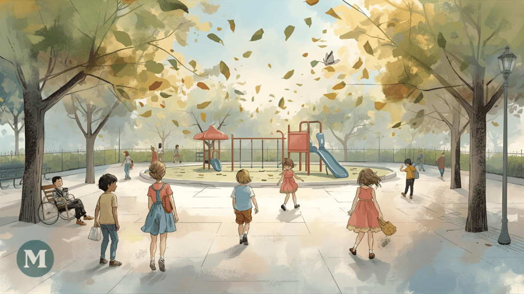 Une peinture affichant des enfants dans un parc. Image générée par l'intelligence artificielle.