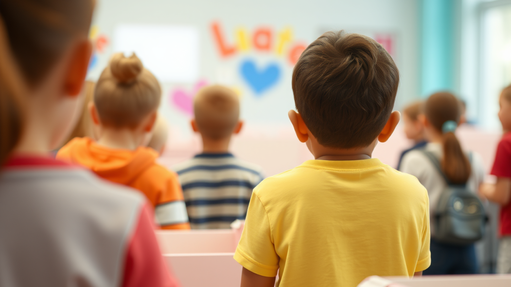 Des enfants dans un bureau de vote participant à une simulation de vote.