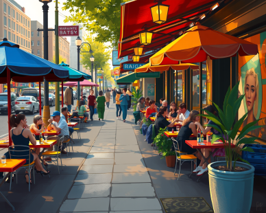 Image générée par l'intelligence artificielle. Des personnes dinent sur des terrasses représentant le boulevard Saint-Laurent.