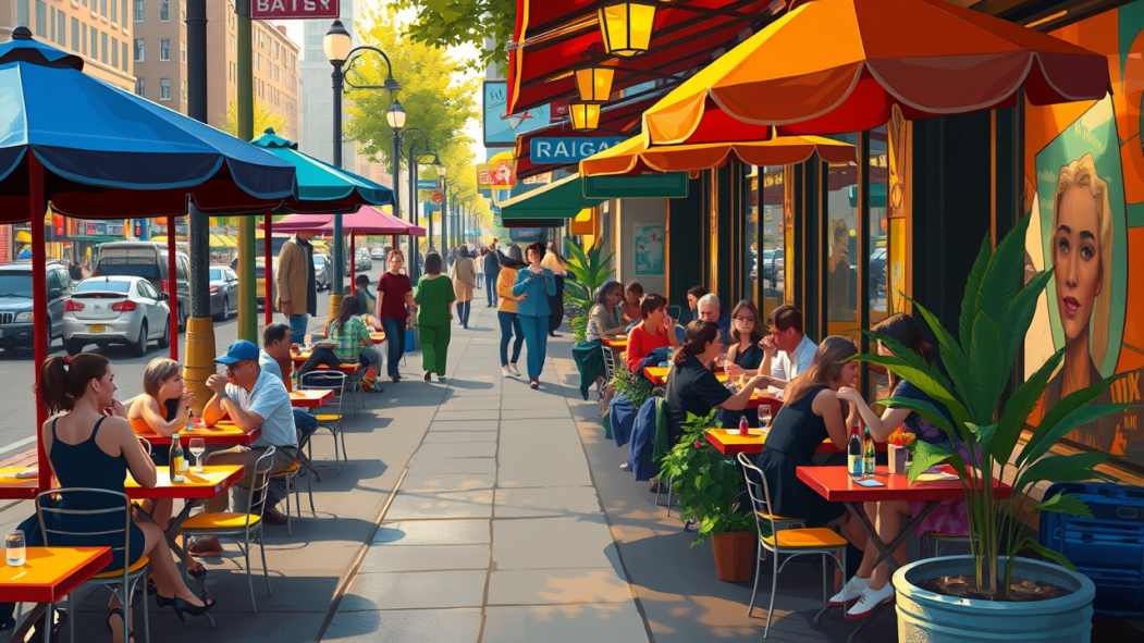Image générée par l'intelligence artificielle. Des personnes dinent sur des terrasses représentant le boulevard Saint-Laurent.
