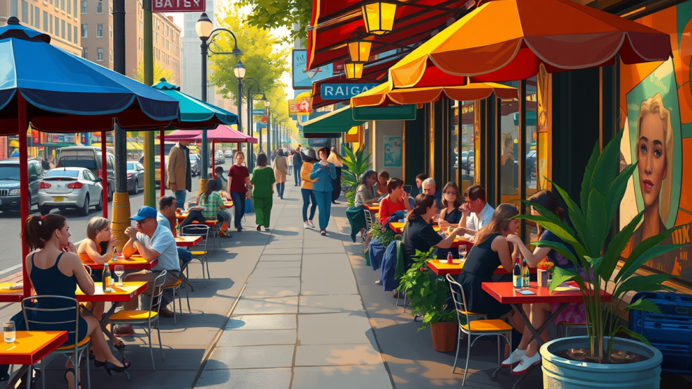 Image générée par l'intelligence artificielle. Des personnes dinent sur des terrasses représentant le boulevard Saint-Laurent.