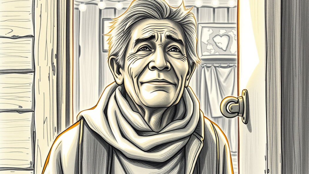 Dessin d'une personne issue de l'itinérance entrant dans sa nouvelle demeure. L'homme a un léger sourire au visage.