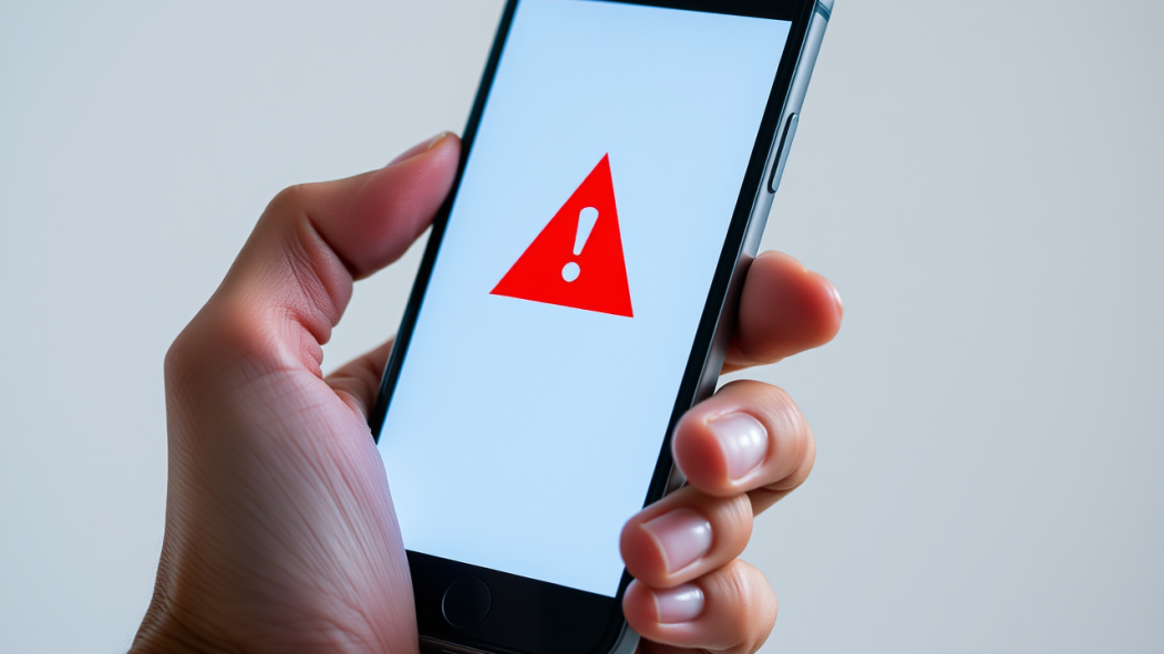 Image générée par l'intelligence artificielle montrant une main tenant un téléphone cellulaire. L'écran du téléphone montre une alerte.