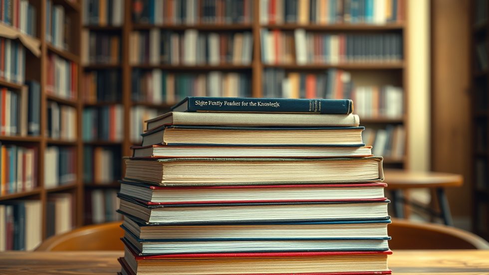 Une pile de livres sur une table dans une bibliothèque.