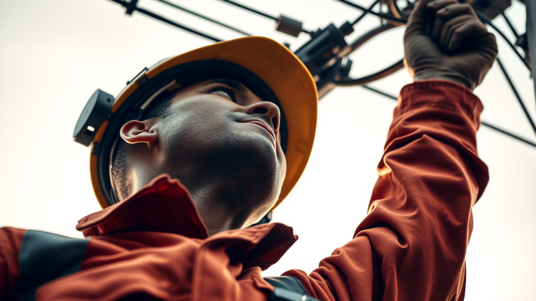 Un travailleur répare des lignes électriques.