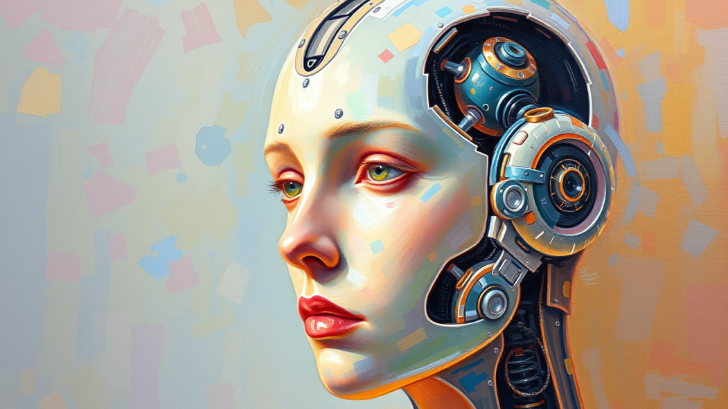 Image générée par l’IA représentant une peinture d’une tête cybernétique.